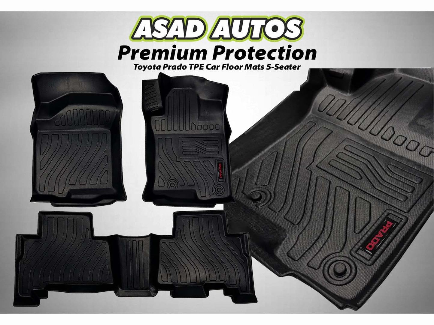 Toyota Prado TPE mats for a 5-seater providing all-weather protection and a custom fit.
