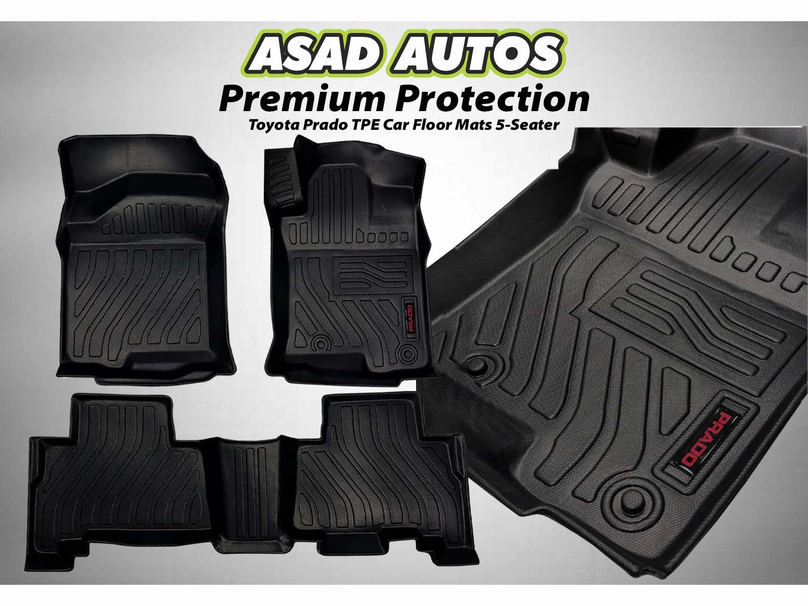 Toyota Prado TPE mats for a 5-seater providing all-weather protection and a custom fit.

