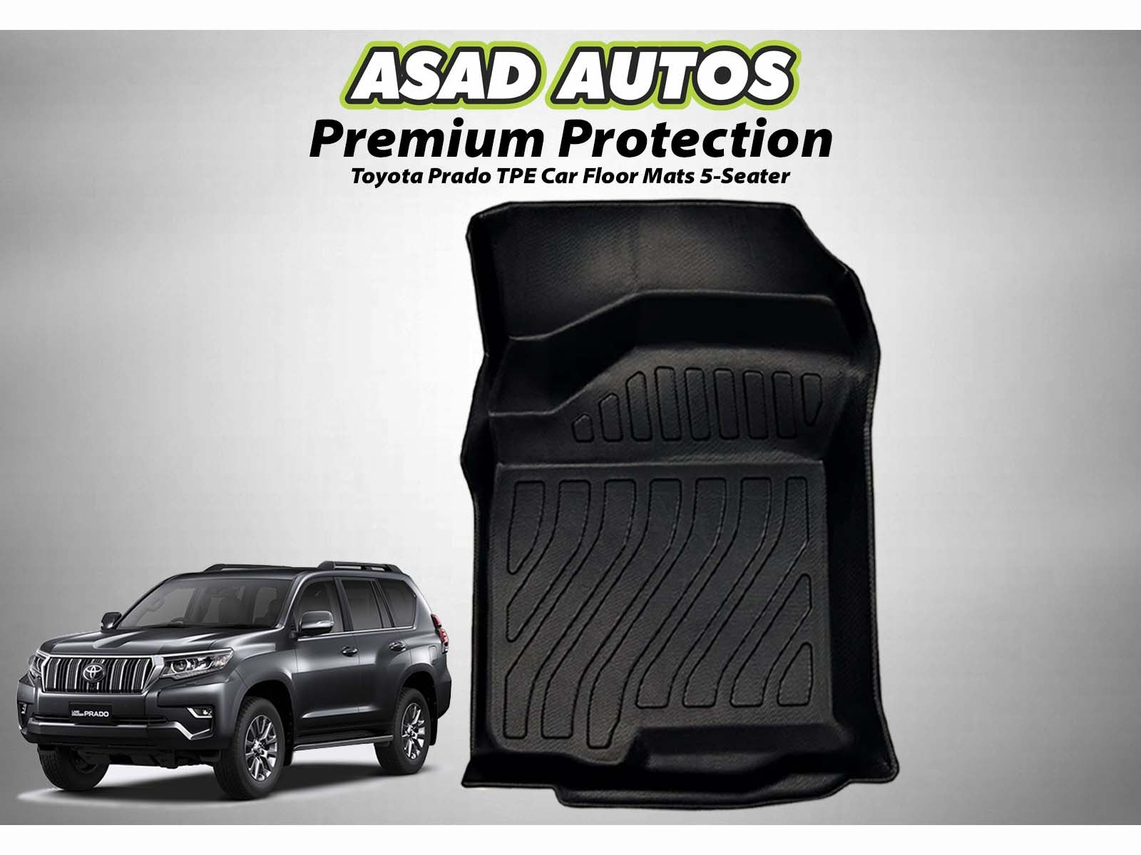 Toyota Prado TPE mats for a 5-seater providing all-weather protection and a custom fit.
