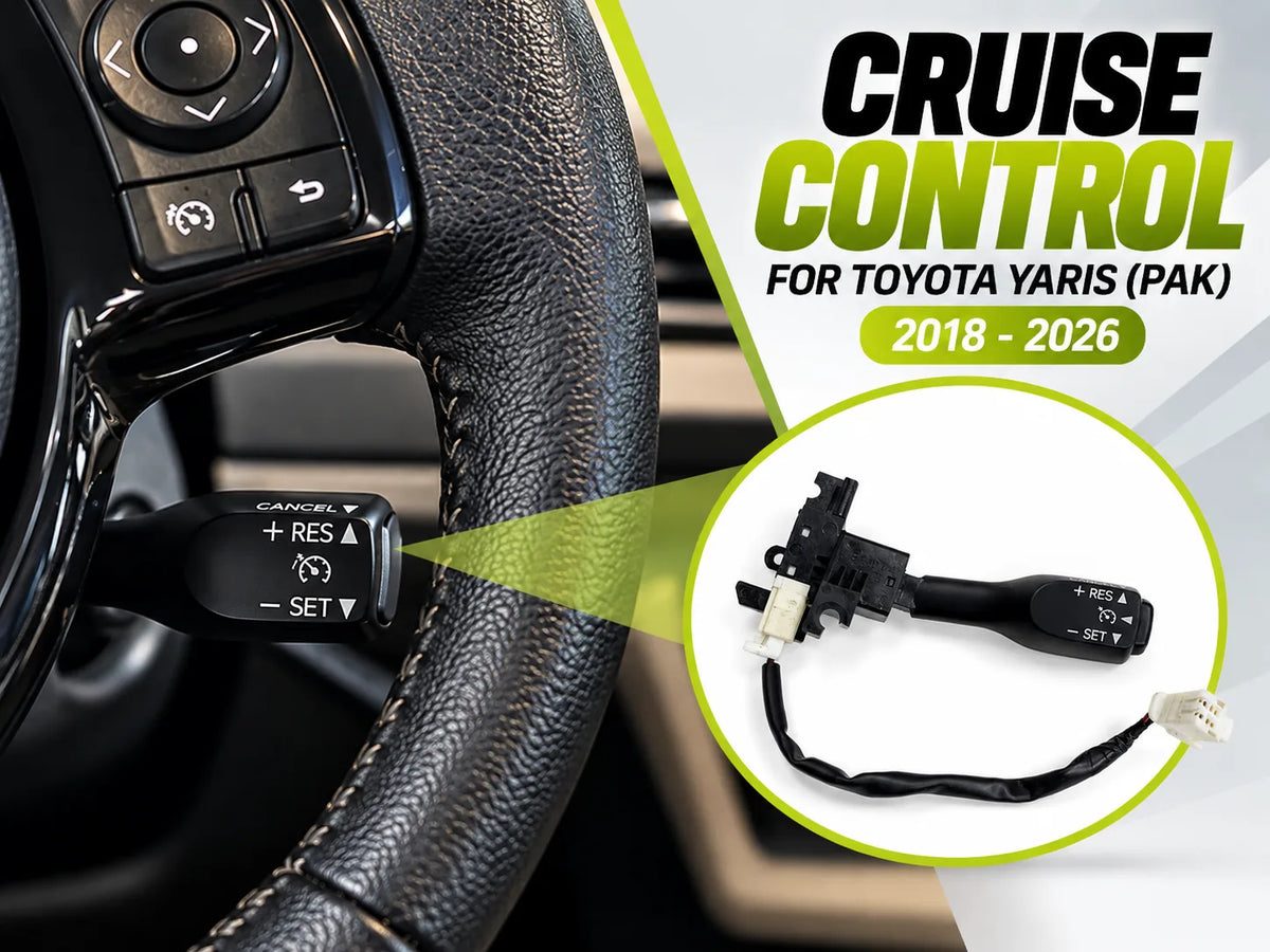 Toyota Yaris cruise control stalk shown with steering wheel controls and product assembly