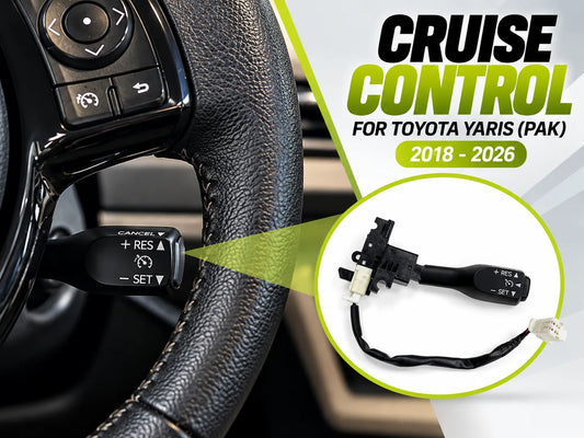 Toyota Yaris cruise control stalk shown with steering wheel controls and product assembly