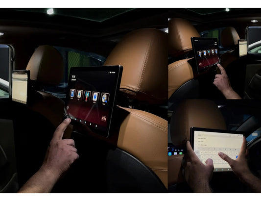 Universal headrest screen multimedia Android panel LCD offering entertainment for both car seats. Ideal for streaming, gaming, and app usage in vehicles.
