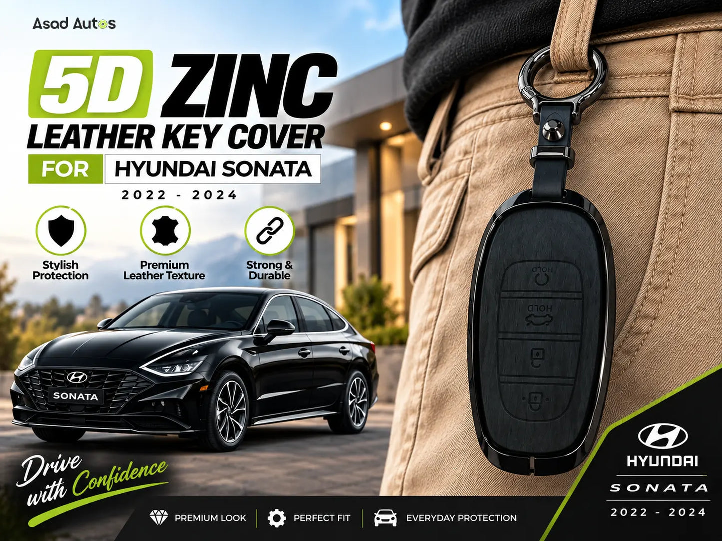 5D Zinc Leather Key Cover for Hyundai Sonata 2022–2024
