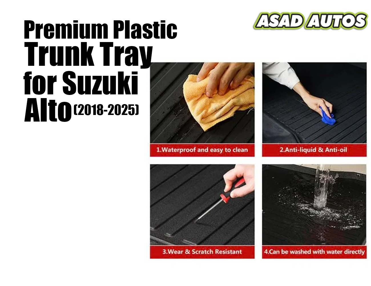 "Waterproof car boot tray for Suzuki Alto 2014-2026 – protects interior from spills and stains."
