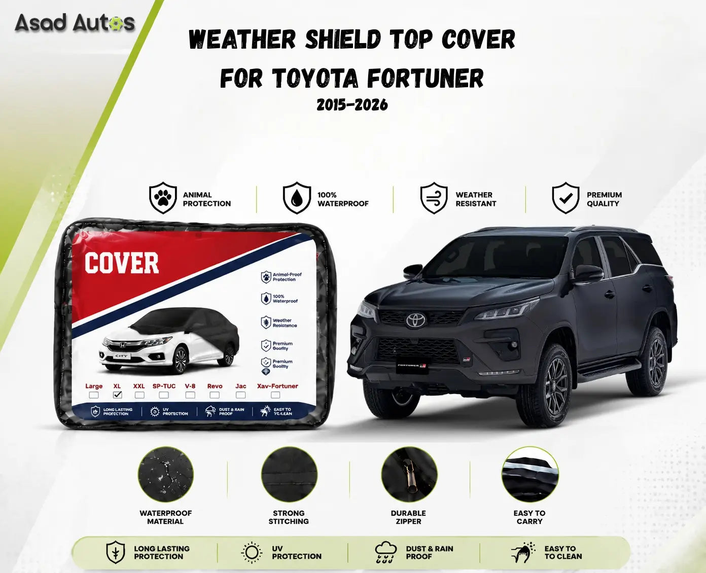 Weather Shield Top Cover for Toyota Fortuner 2015–2026 featuring a vehicle-specific window guard design that helps protect against rain,