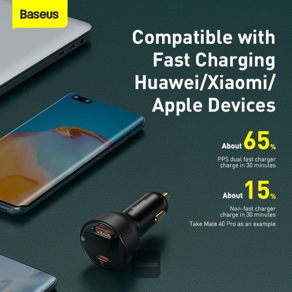 Baseus 100W Car Charger - Dual Port USB Type C Quick Charger