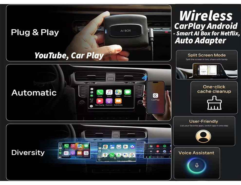 Ai Box Wireless CarPlay & Android Auto Adapter – Smart AI Box for Netflix, YouTube & More