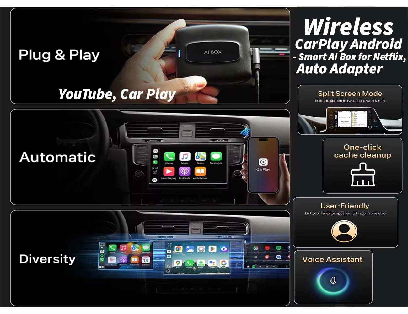 Wireless CarPlay Android Auto Adapter for seamless Netflix, YouTube, and CarPlay integration in your vehicle.
