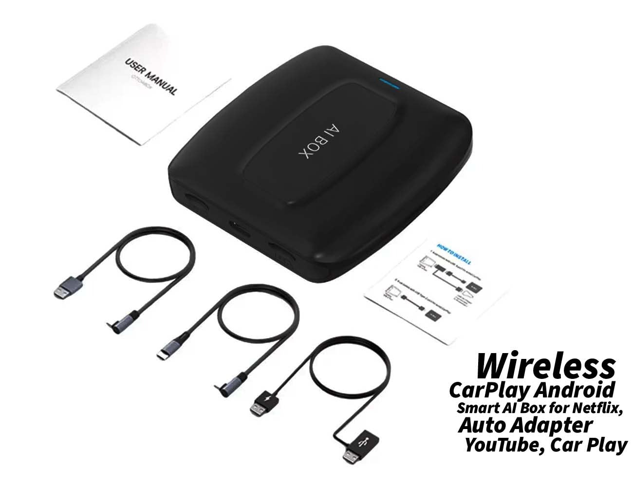 Wireless CarPlay Android Auto Adapter for seamless Netflix, YouTube, and CarPlay integration in your vehicle.
