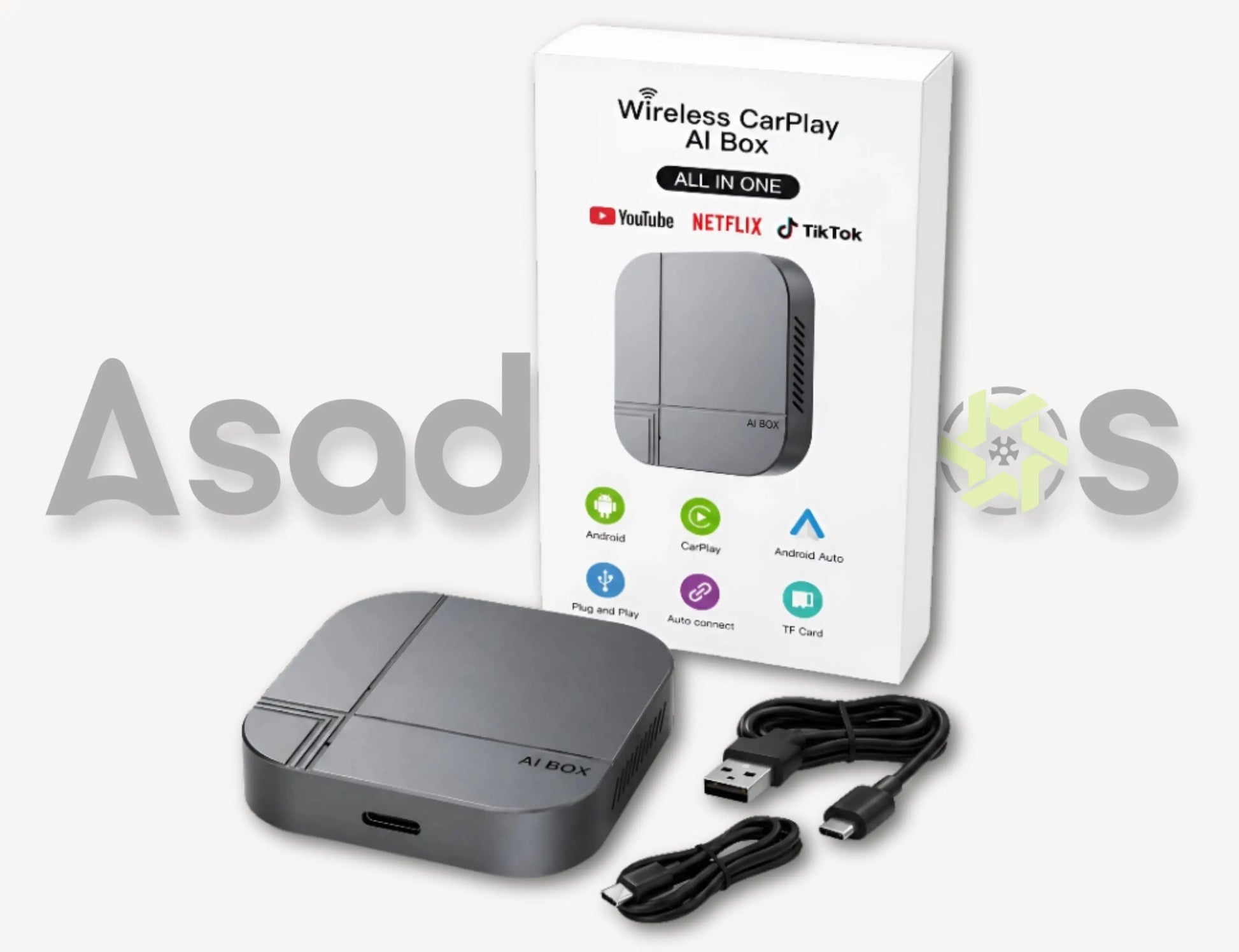AI Box universal car adapter box showing wireless CarPlay and Android Auto features