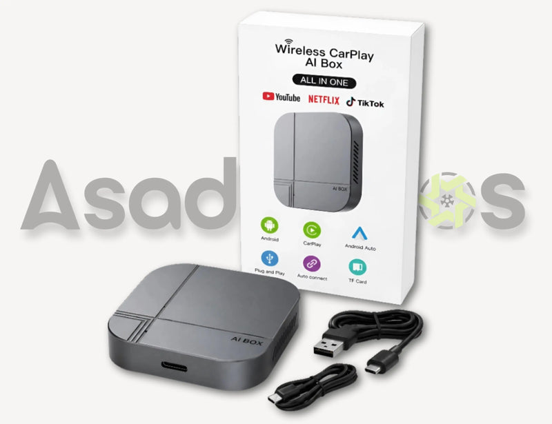 AI Box universal car adapter box showing wireless CarPlay and Android Auto features