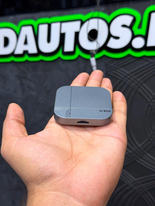 AI Box universal car adapter box showing wireless CarPlay and Android Auto features