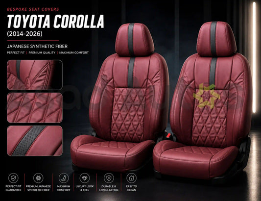 Bespoke maroon diamond-quilted Japanese synthetic fiber seat covers fitted to Toyota Corolla 2014-2026 front seats