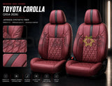 Bespoke maroon diamond-quilted Japanese synthetic fiber seat covers fitted to Toyota Corolla 2014-2026 front seats