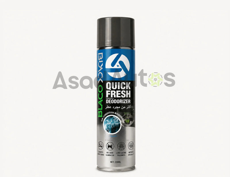 Blaco Quick Fresh Deodorizer 238ML spray can - car AC odor eliminator for smoke and pet smells, sold by Asad Autos