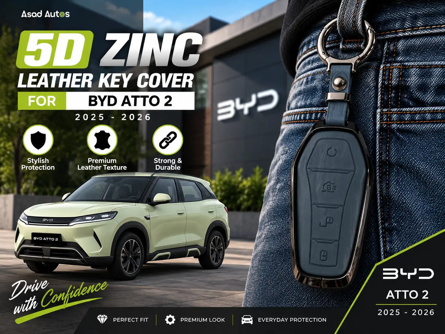 5D Zinc Leather Key Cover for BYD Atto 2 2025–2026