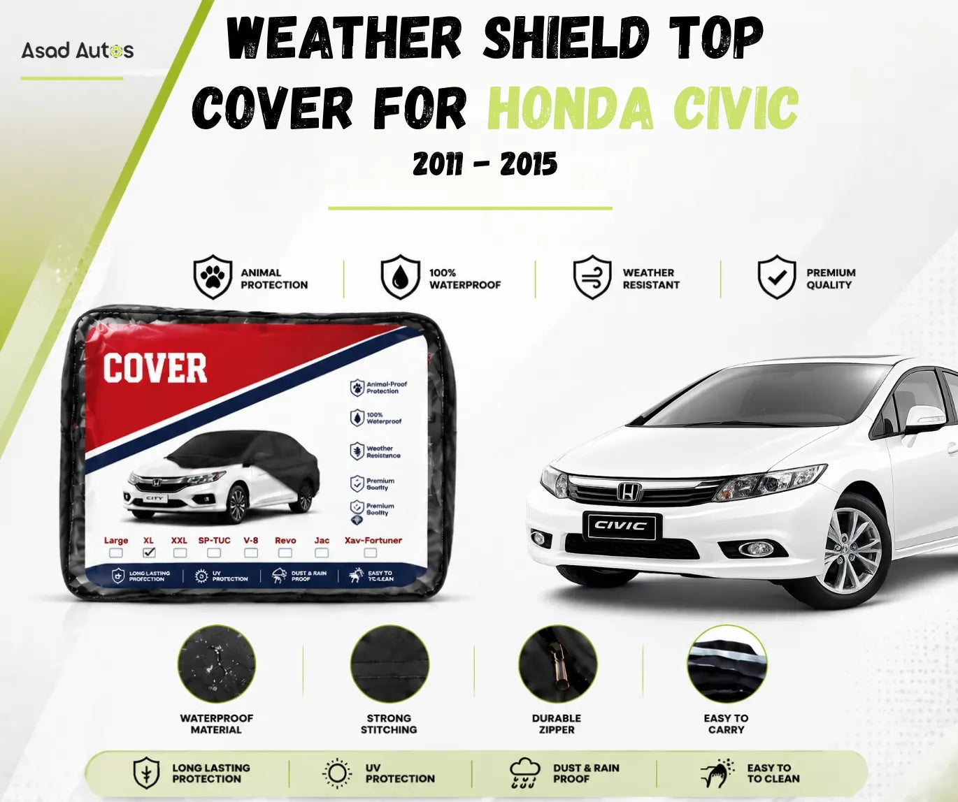 Weather shield top cover protecting Honda Civic 2012-2015 from rain and dust while parked outdoors - Asad Autos