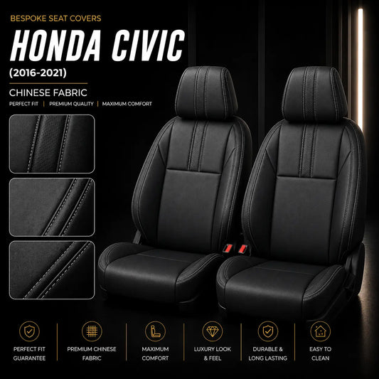 Honda Civic 2016-2021 poshish seat covers in black Chinese fabric with white stitching
