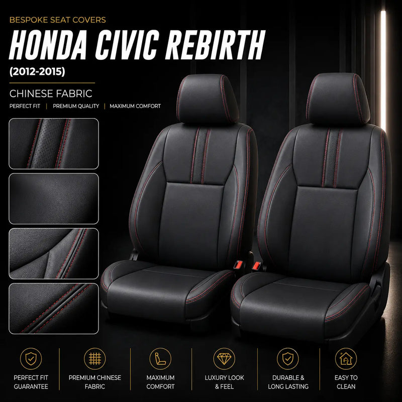 Honda Civic Rebirth 2012-2015 black seat covers with red stitching, premium Chinese fabric