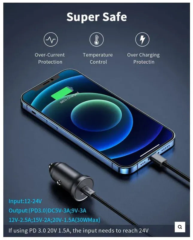 "QGeeM USB Car Charger with QC 3.0 & USB-C PD fast charging, dual-port design, and smart safety protection."
