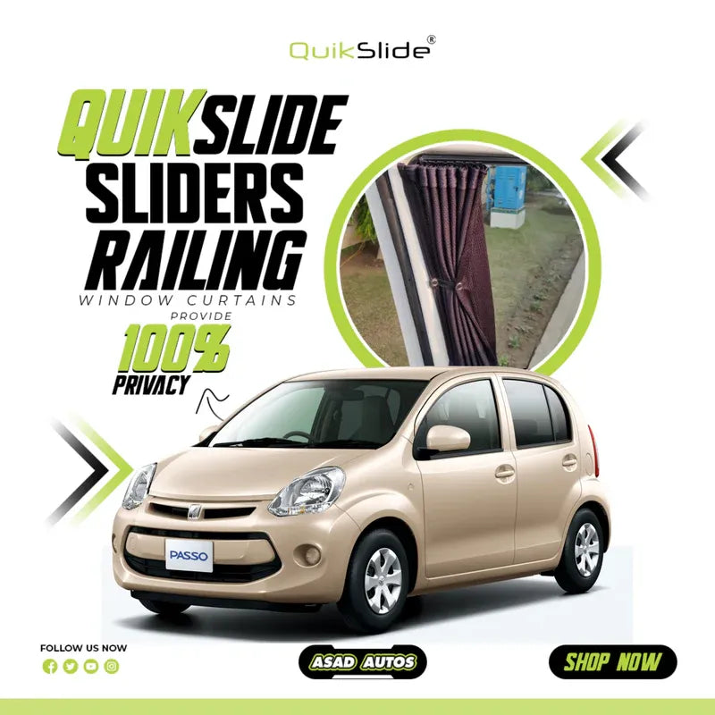 QuikSlide Sliders Railing Curtains installed in Toyota Passo Gen2 (2010-2015) for privacy and sun protection"

