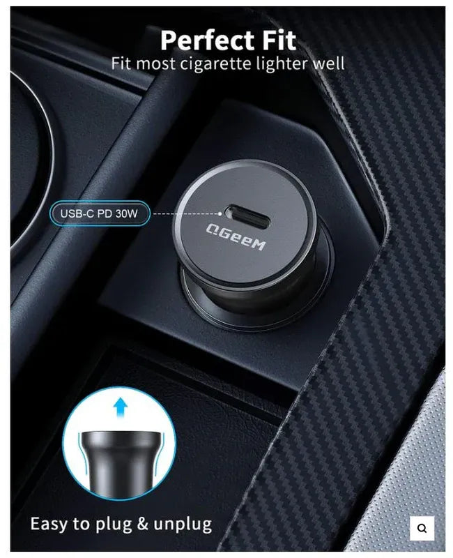 "QGeeM USB Car Charger with QC 3.0 & USB-C PD fast charging, dual-port design, and smart safety protection."
