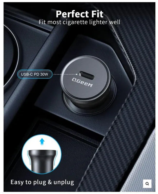 "QGeeM USB Car Charger with QC 3.0 & USB-C PD fast charging, dual-port design, and smart safety protection."
