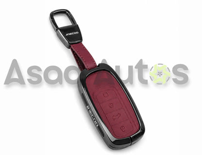 Jaecoo J7 metal key cover with maroon leather insert and carabiner keychain