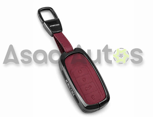 Jaecoo J7 metal key cover with maroon leather insert and carabiner keychain