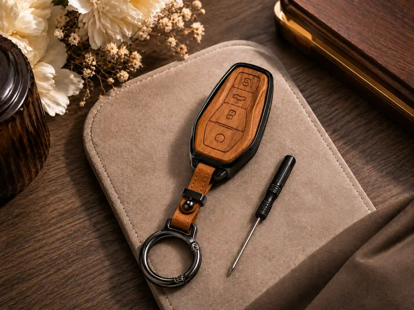 Leather metal key cover fitted on BYD Atto 2 2025-2026 smart key fob - Asad Autos