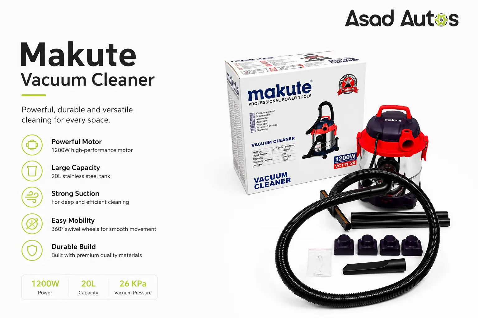 Makute Bowler Plus PB001 wet and dry vacuum cleaner with stainless steel drum hose and attachments - Asad Autos