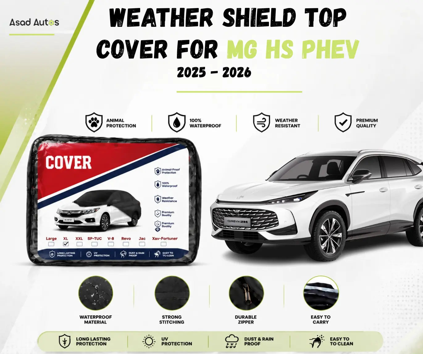 Weather shield top cover protecting MG HS PHEV 2025-2026 from rain, sun and dust while parked outdoors - Asad Autos