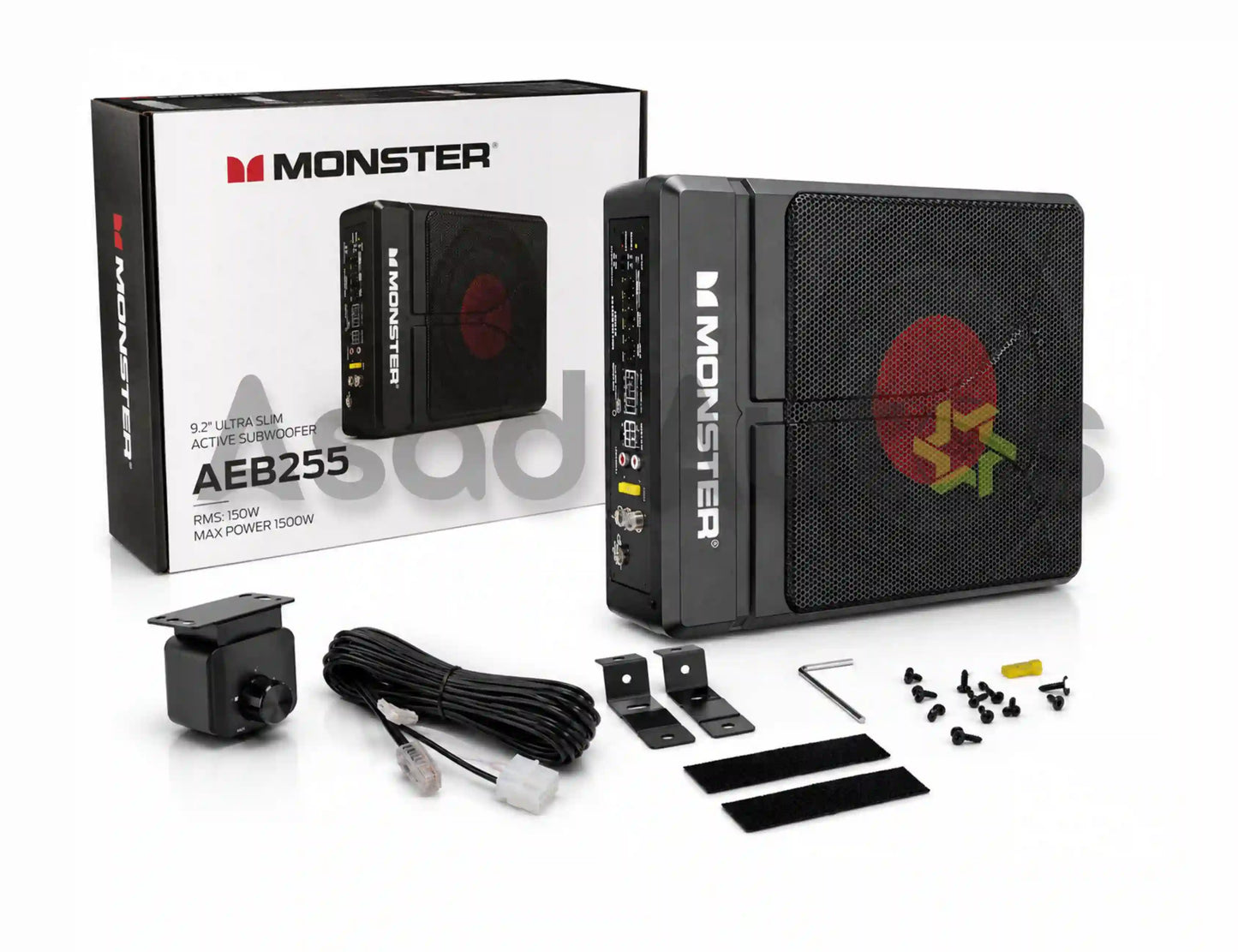 Monster AEB255 9.2 inch ultra slim active car subwoofer 150W RMS 1500W max with bass knob, wiring and mounting brackets - Asad Autos