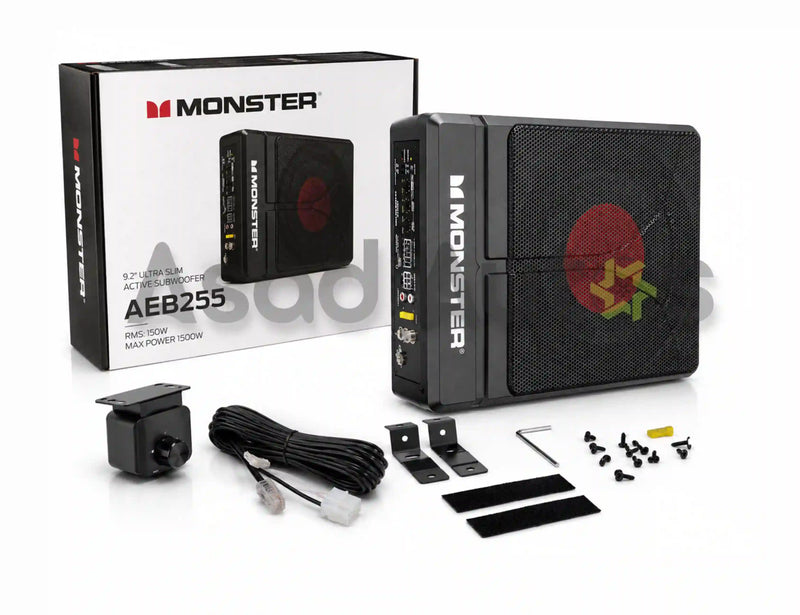 Monster AEB255 9.2 inch ultra slim active car subwoofer 150W RMS 1500W max with bass knob, wiring and mounting brackets - Asad Autos