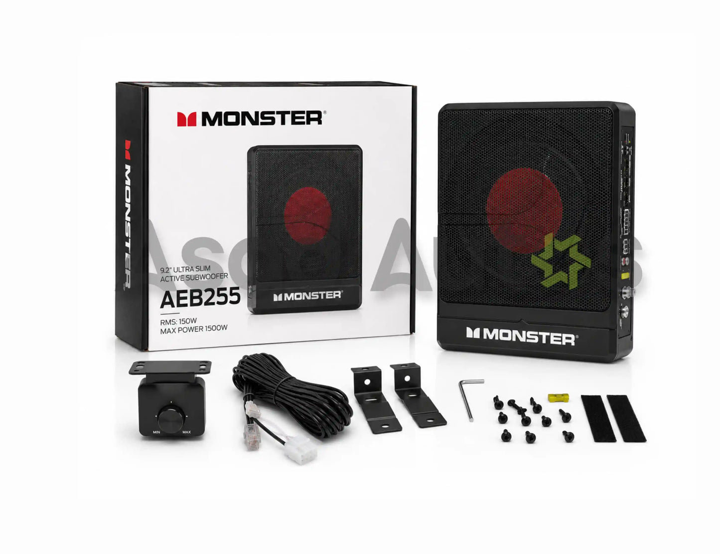 Monster AEB255 9.2 inch ultra slim active car subwoofer 150W RMS 1500W max with bass knob, wiring and mounting brackets - Asad Autos