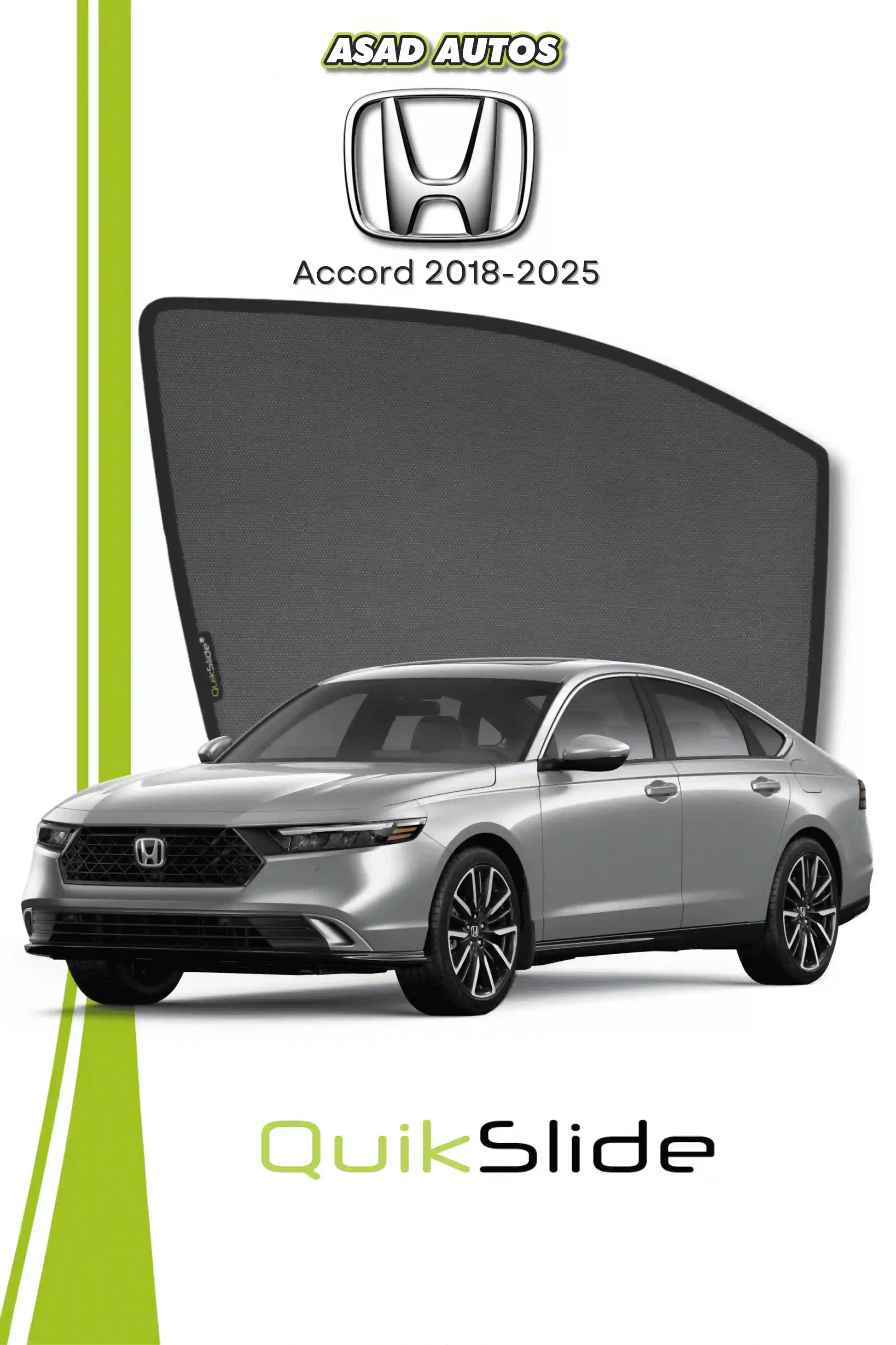 QS QuikSlide custom fit window sun shades installed on Honda Accord VIP Sedan 2018-2025 for UV protection, heat reduction, and privacy