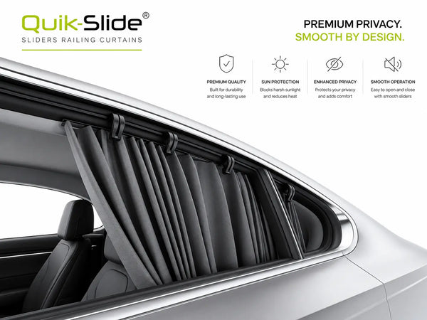 QuikSlide Sliders Railing Curtains for car windows with premium privacy and sun protection.