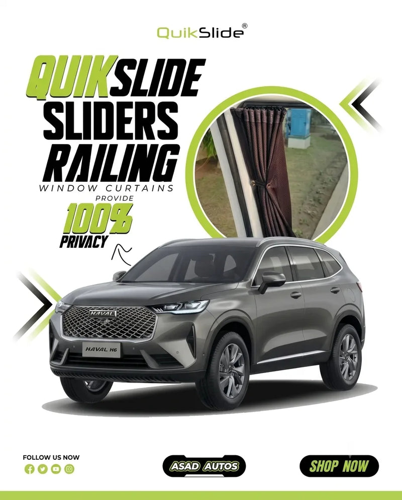 QuikSlide sliders railing window curtains and premium sun shades installed on an Ayers Grey Haval H6 (2022 - 2024 locally assembled model) for maximum sun protection, heat reduction, and 100% privacy.