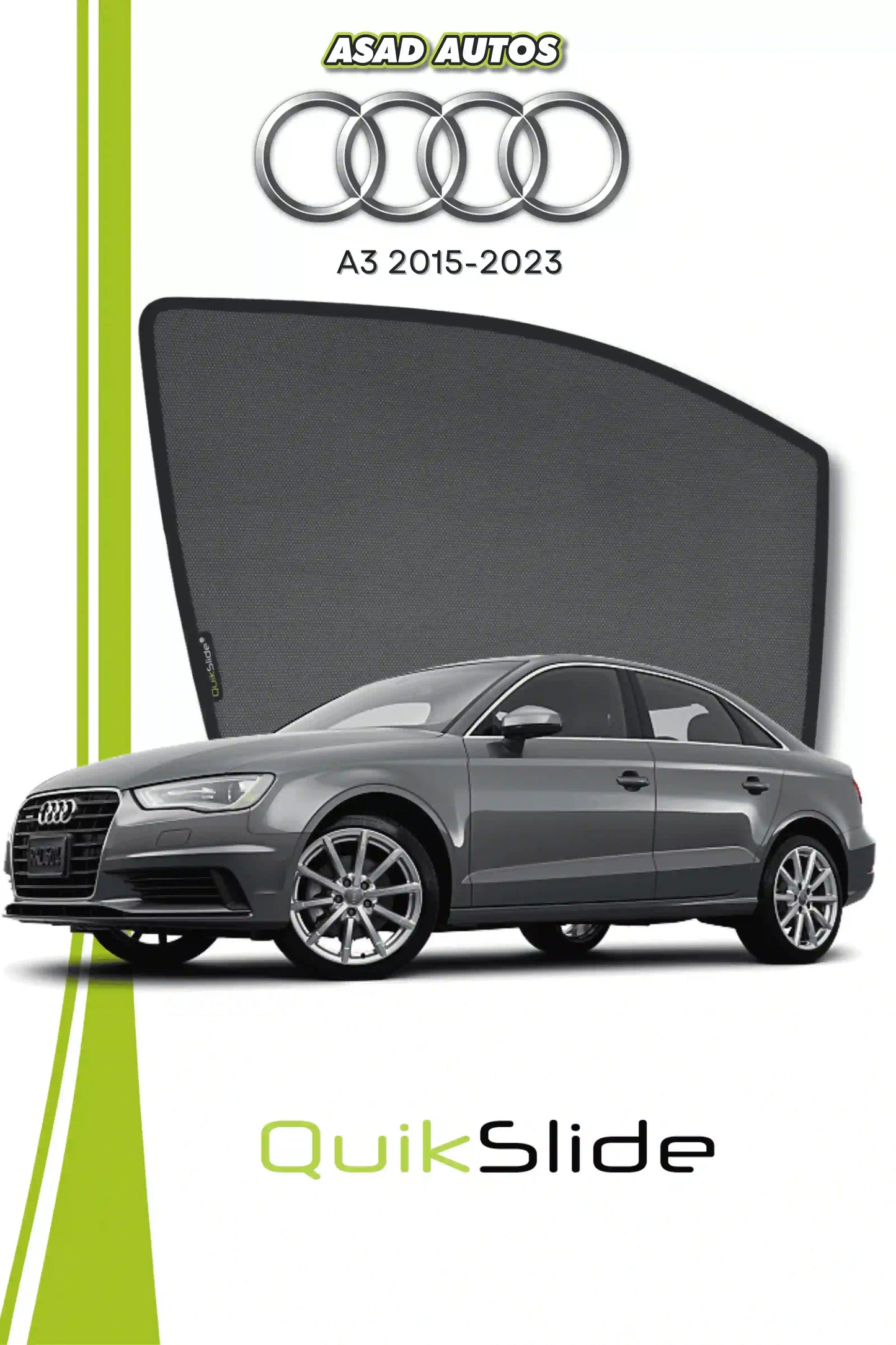 QS QuikSlide custom fit window sun shades installed on Audi A3 2015-2023 sedan side window