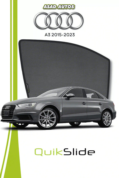 QS QuikSlide custom fit window sun shades installed on Audi A3 2015-2023 sedan side window