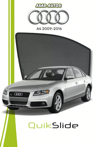 QS QuikSlide custom fit window sun shades installed on Audi A4 2009-2016 sedan side window