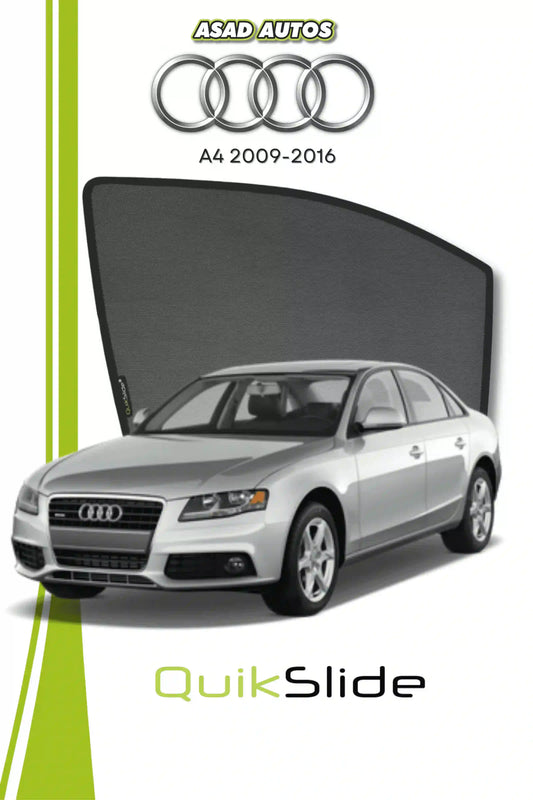 QS QuikSlide custom fit window sun shades installed on Audi A4 2009-2016 sedan side window