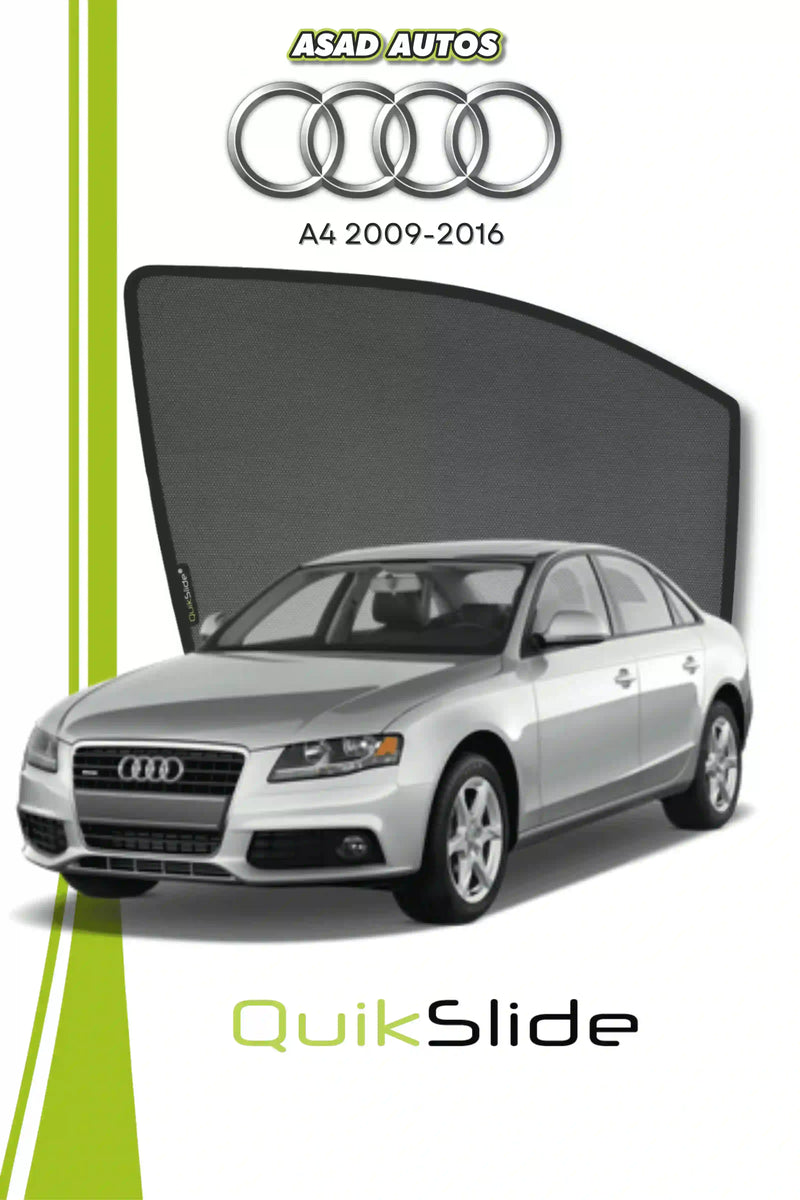 QS QuikSlide custom fit window sun shades installed on Audi A4 2009-2016 sedan side window