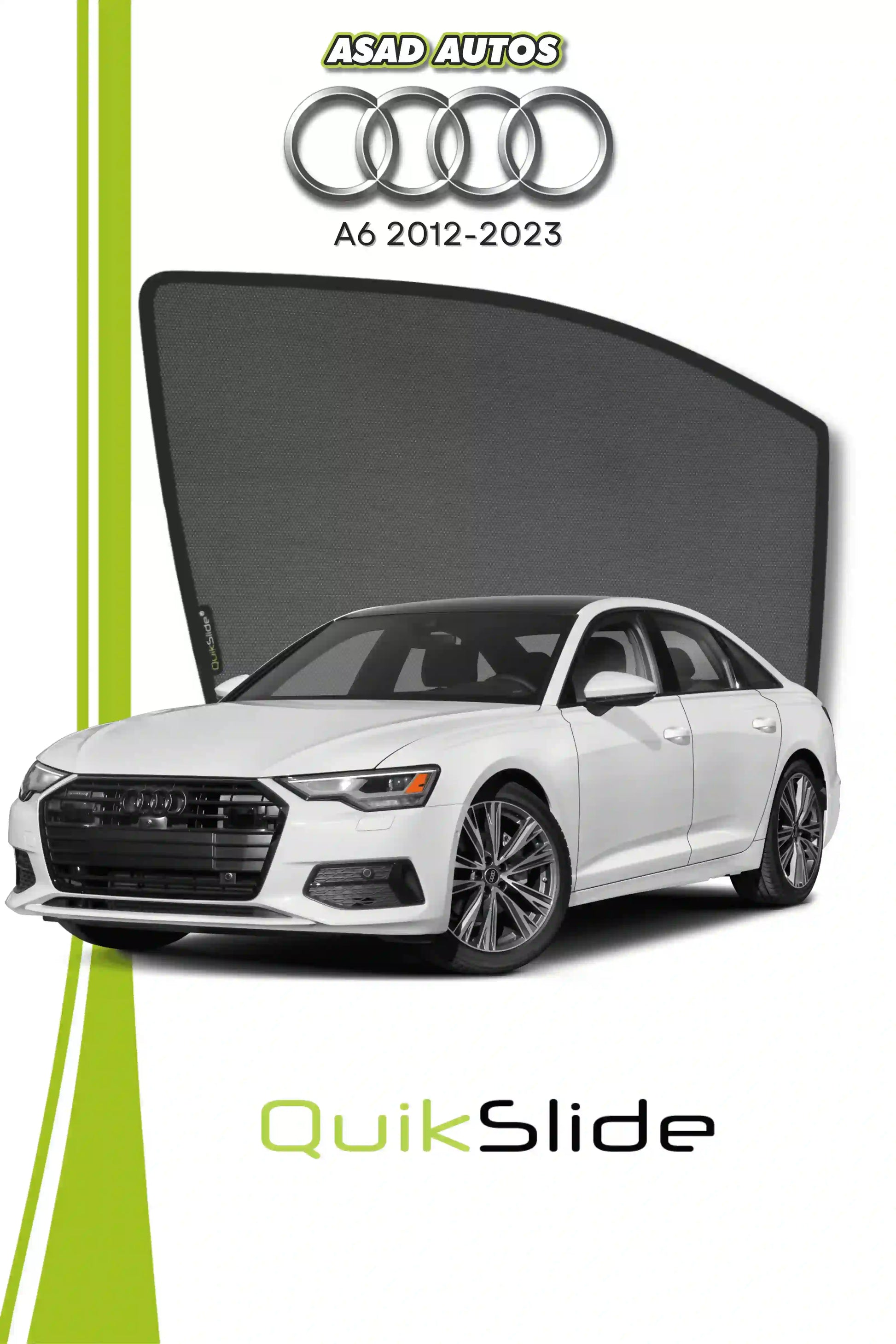 QS QuikSlide custom fit window sun shades installed on Audi A6 2012-2023 sedan side window