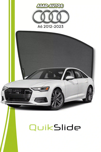 QS QuikSlide custom fit window sun shades installed on Audi A6 2012-2023 sedan side window