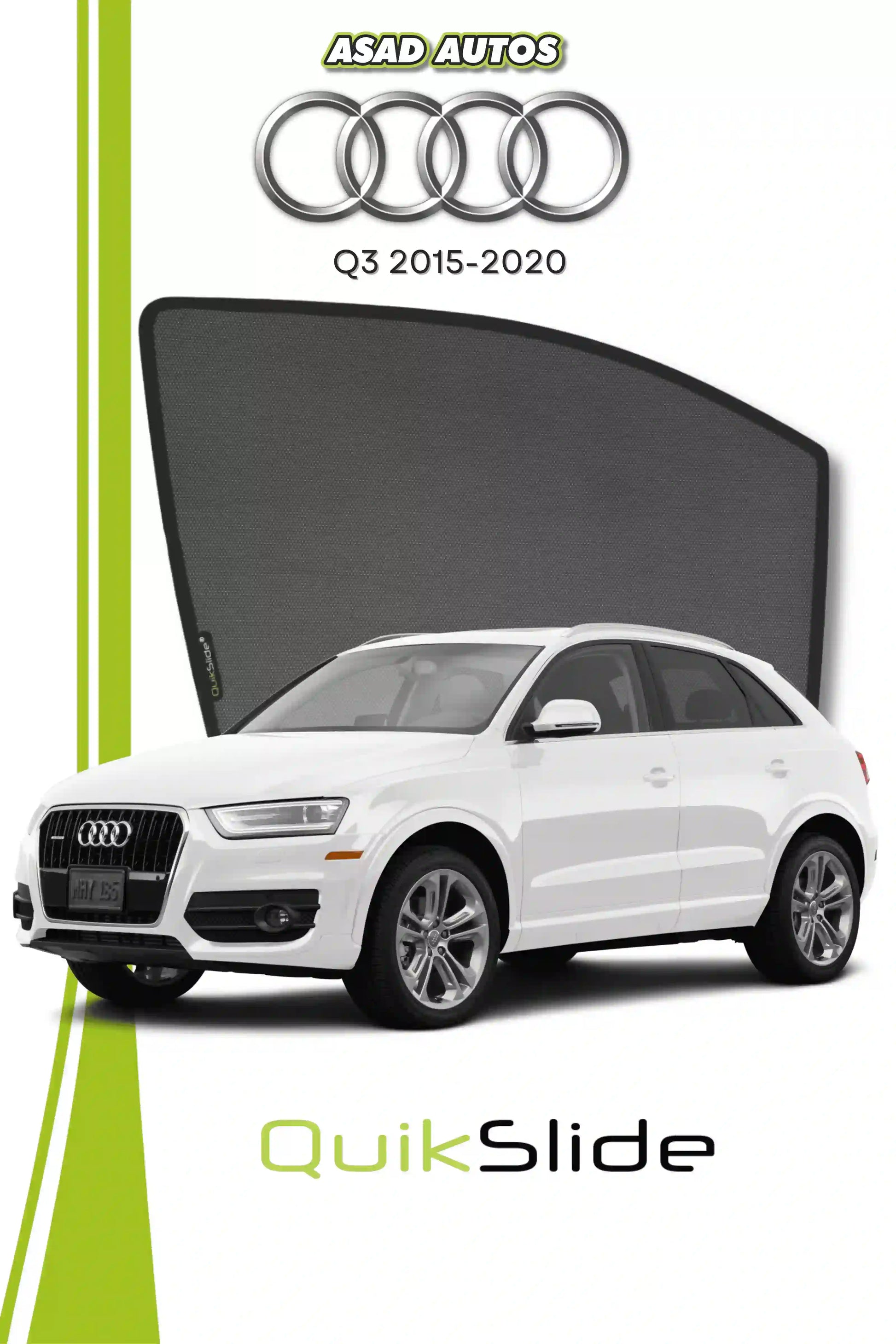 QS QuikSlide custom fit window sun shades installed on Audi Q3 2015-2020 crossover side window