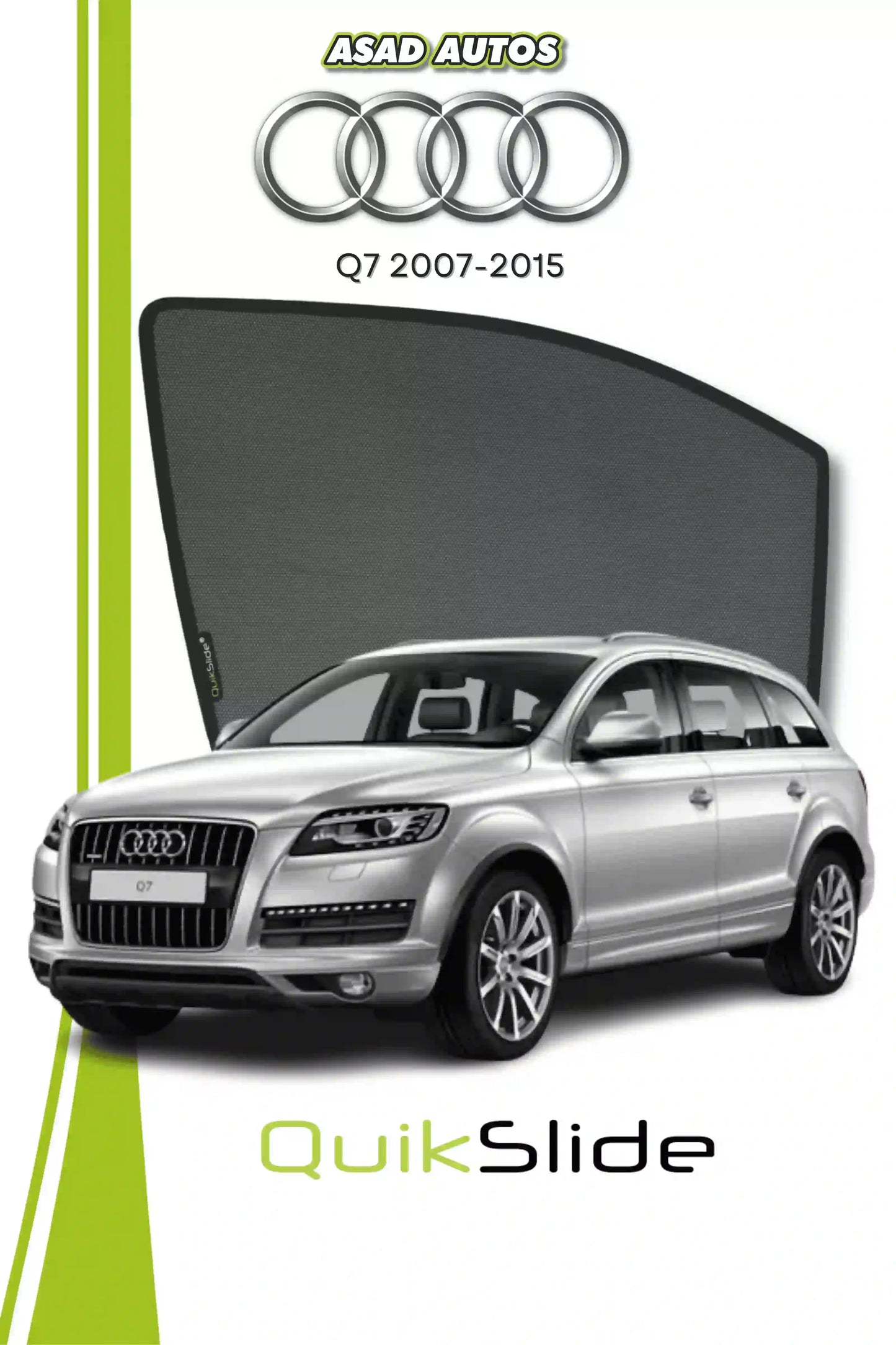 QS QuikSlide custom fit window sun shades installed on Audi Q7 2007-2015 SUV side window