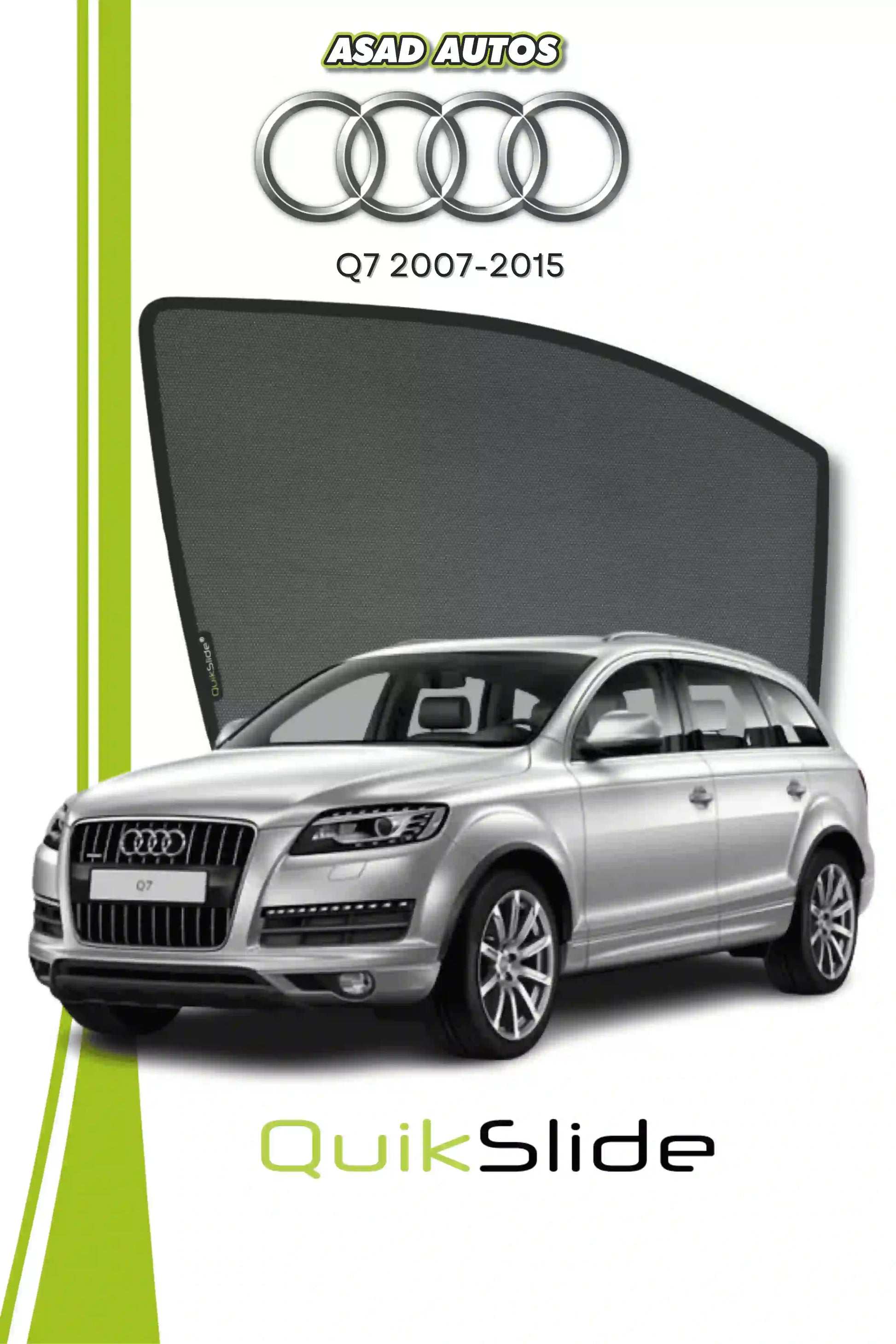 QS QuikSlide custom fit window sun shades installed on Audi Q7 2007-2015 SUV side window