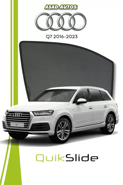 QS QuikSlide custom fit window sun shades installed on Audi Q7 2016-2023 SUV side window