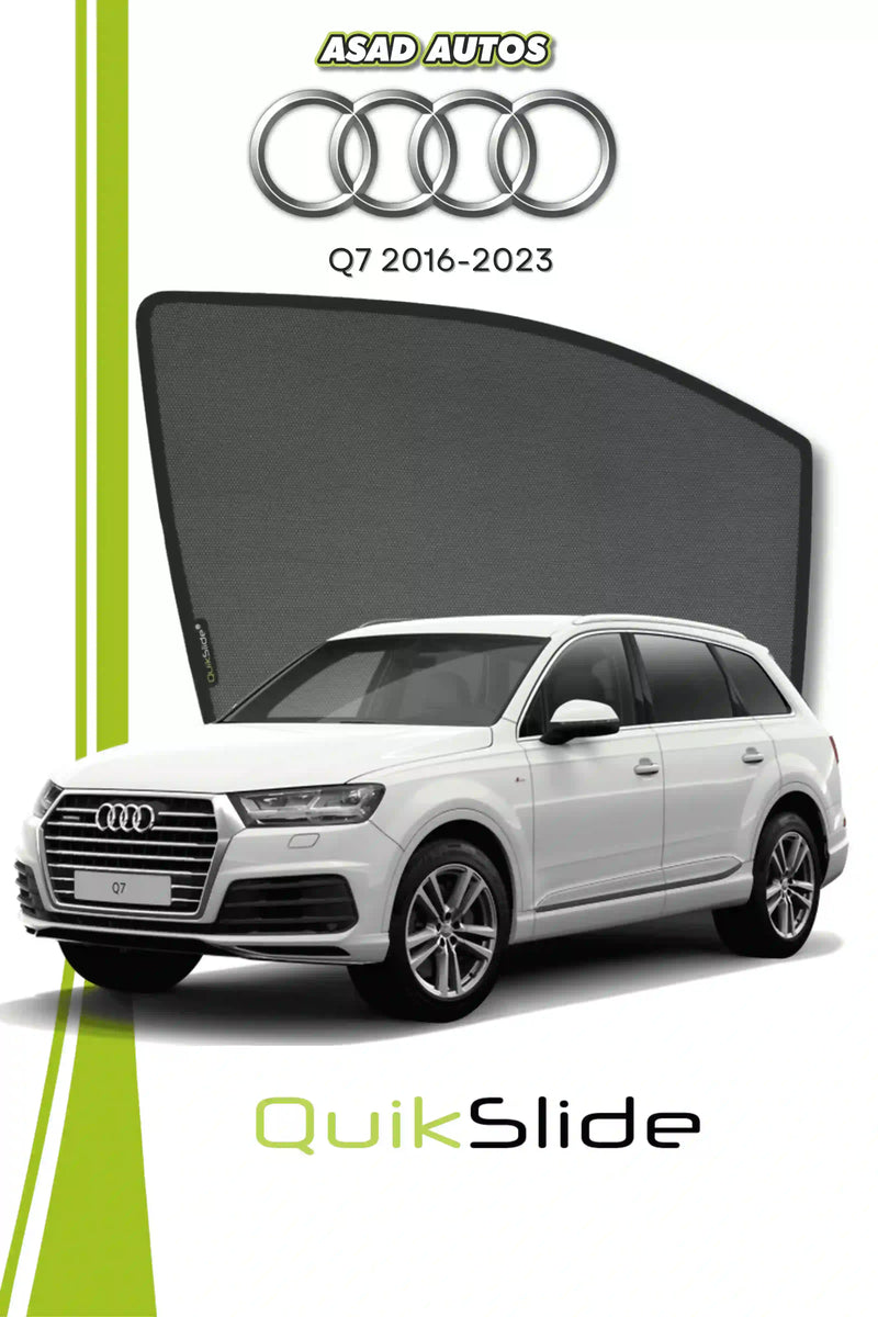 QS QuikSlide custom fit window sun shades installed on Audi Q7 2016-2023 SUV side window